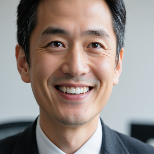 四十五岁左右男性财务总监头像,穿深灰色西装,浅蓝色衬衫,专业商务背景